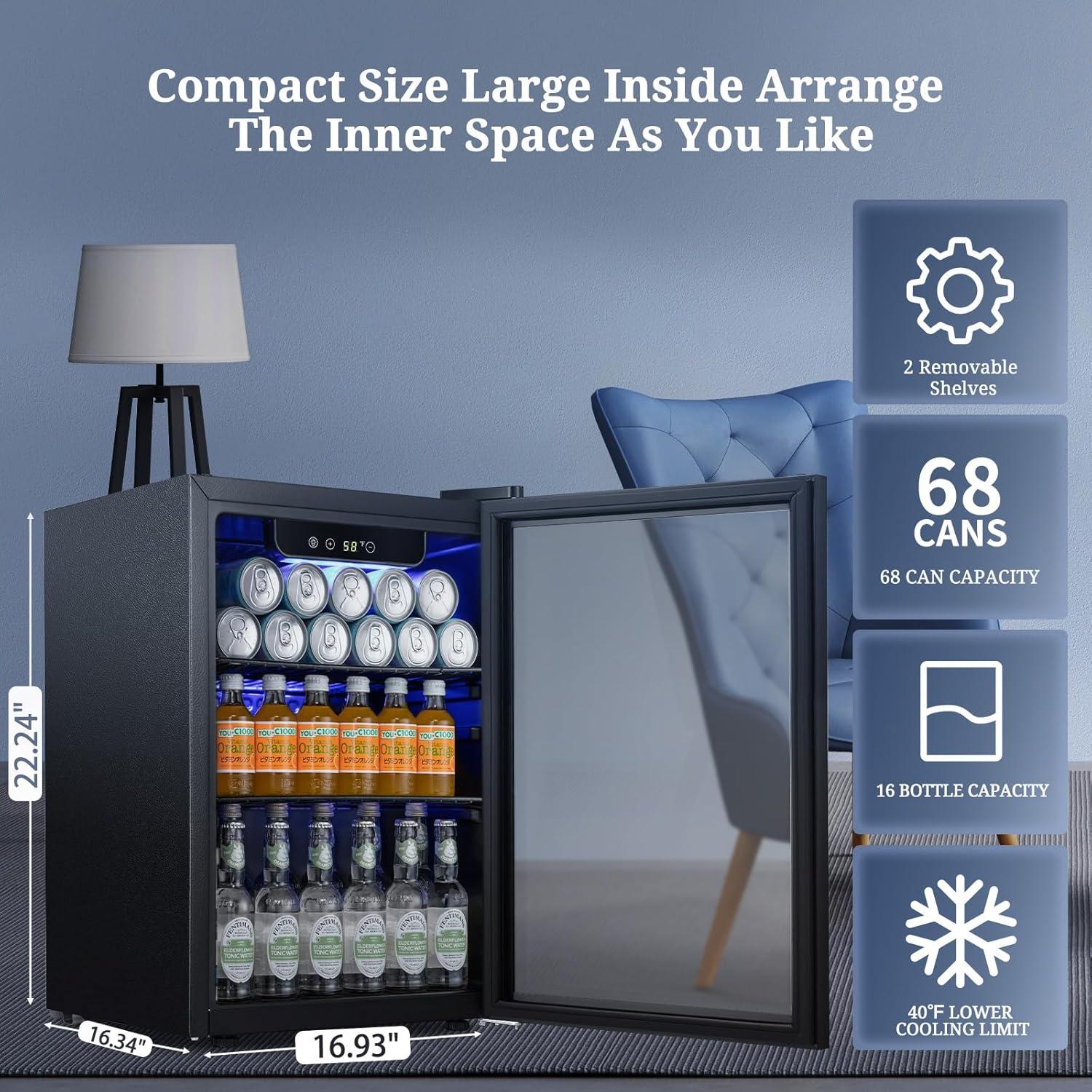 imageAntarctic Star 18L Beverage Refrigerator Cooler 24Can Mini Fridge with Quiet Compressor LED LightFreestanding Small Fridge with Electronic Temperature Control for Home and Bar4061 Black