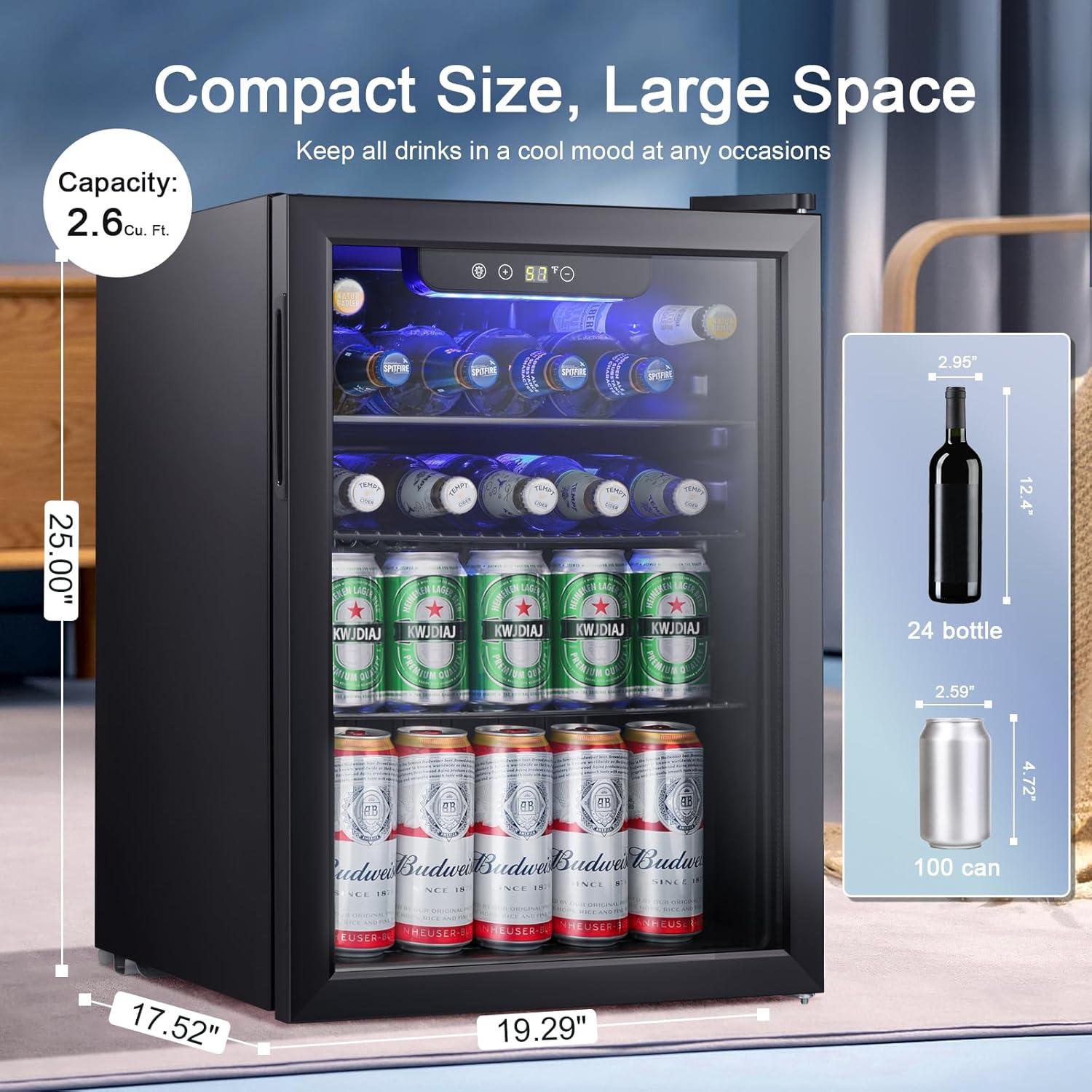 imageAntarctic Star 26cuft Mini Fridge 100 Can Beverage Refrigerator Wine CoolerCabinet Small Beer Soda Glass Door Counter Top Bar Fridge Freestanding Black