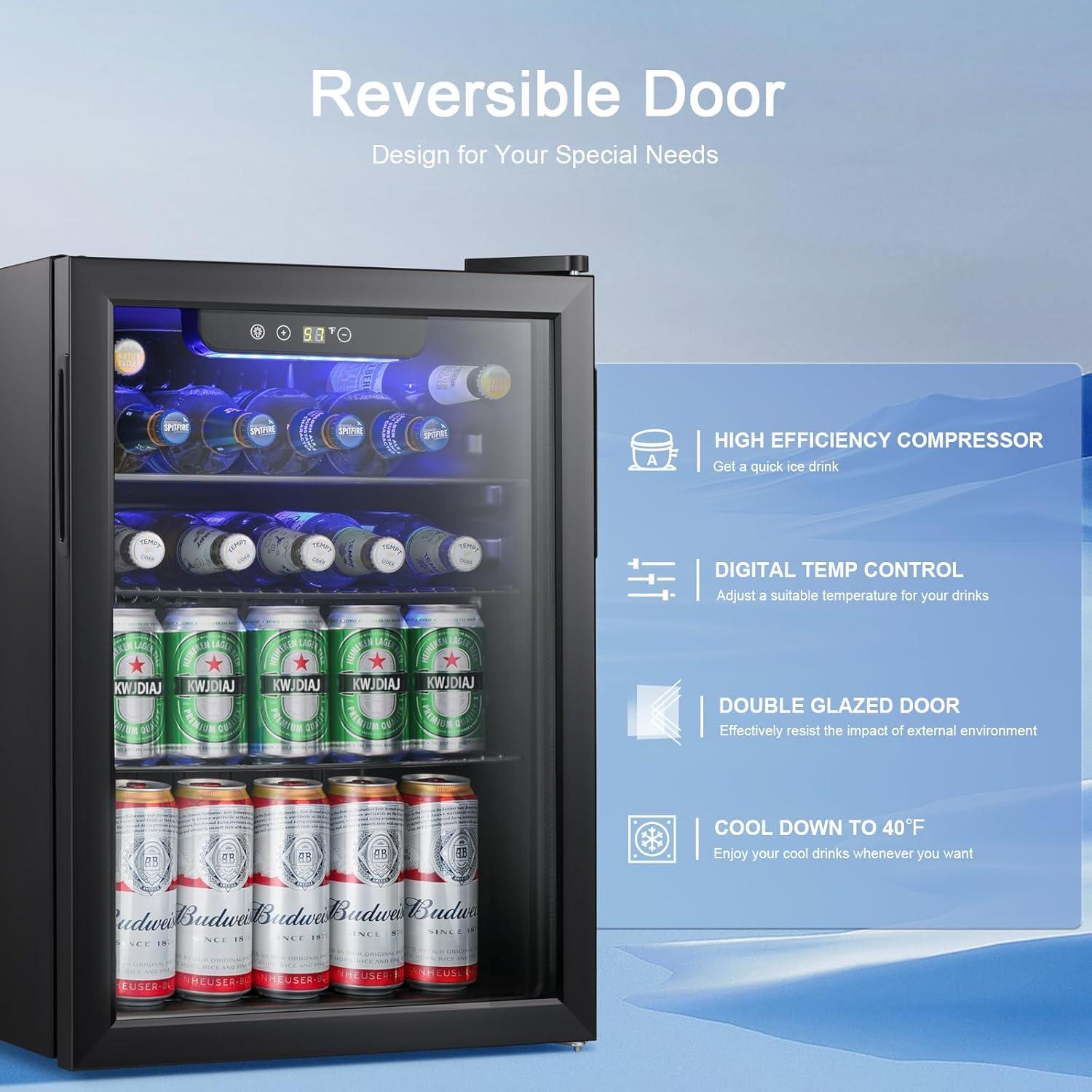 imageAntarctic Star 26cuft Mini Fridge 100 Can Beverage Refrigerator Wine CoolerCabinet Small Beer Soda Glass Door Counter Top Bar Fridge Freestanding Black