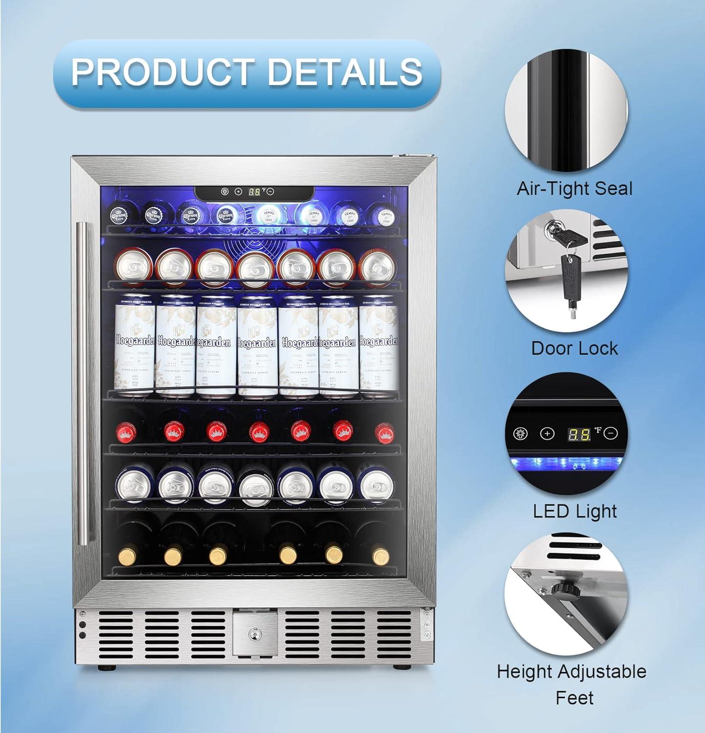 imageAntarctic Star 51 CuFt Beverage Refrigerator166 Can Wine CoolerLow NoiseTransparent Glass Door Efficient Cooling System with Safety Lock for Home Bar Office 24 Inch Stainless Steel Silver