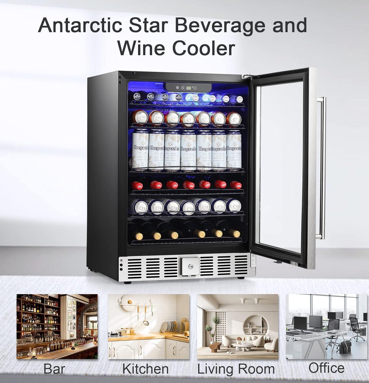 imageAntarctic Star 51 CuFt Beverage Refrigerator166 Can Wine CoolerLow NoiseTransparent Glass Door Efficient Cooling System with Safety Lock for Home Bar Office 24 Inch Stainless Steel Silver