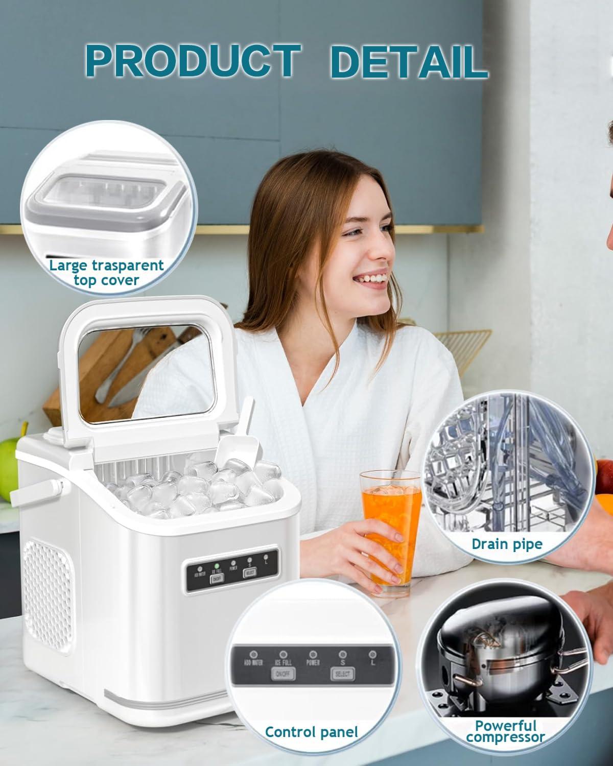 imageAntarctic Star Countertop Ice Maker Machine with Handle 2 Size Ice Cube 9 Cubes Ready in 6 Mins 26lbs24Hrs SelfCleaning Portable Ice Maker wBasket and Scoop for HomeKitchenCampingRV WhiteWhite