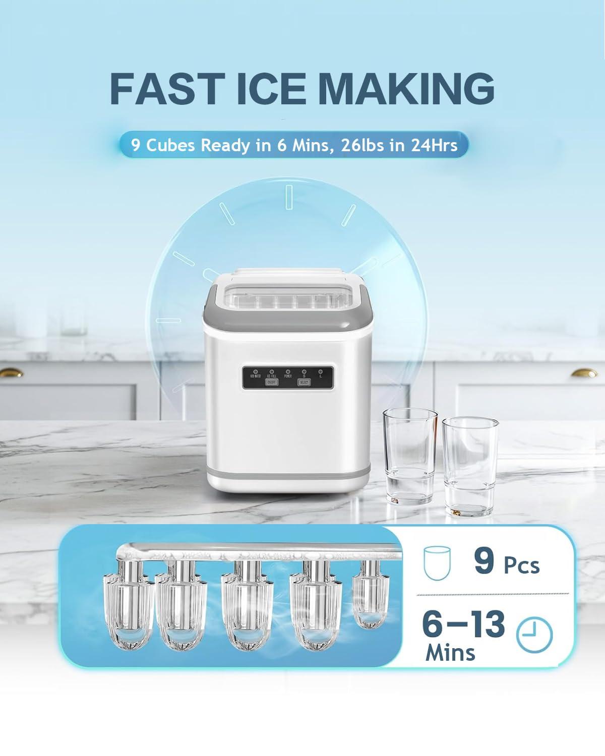 imageAntarctic Star Countertop Ice Maker Machine with Handle 2 Size Ice Cube 9 Cubes Ready in 6 Mins 26lbs24Hrs SelfCleaning Portable Ice Maker wBasket and Scoop for HomeKitchenCampingRV WhiteWhite