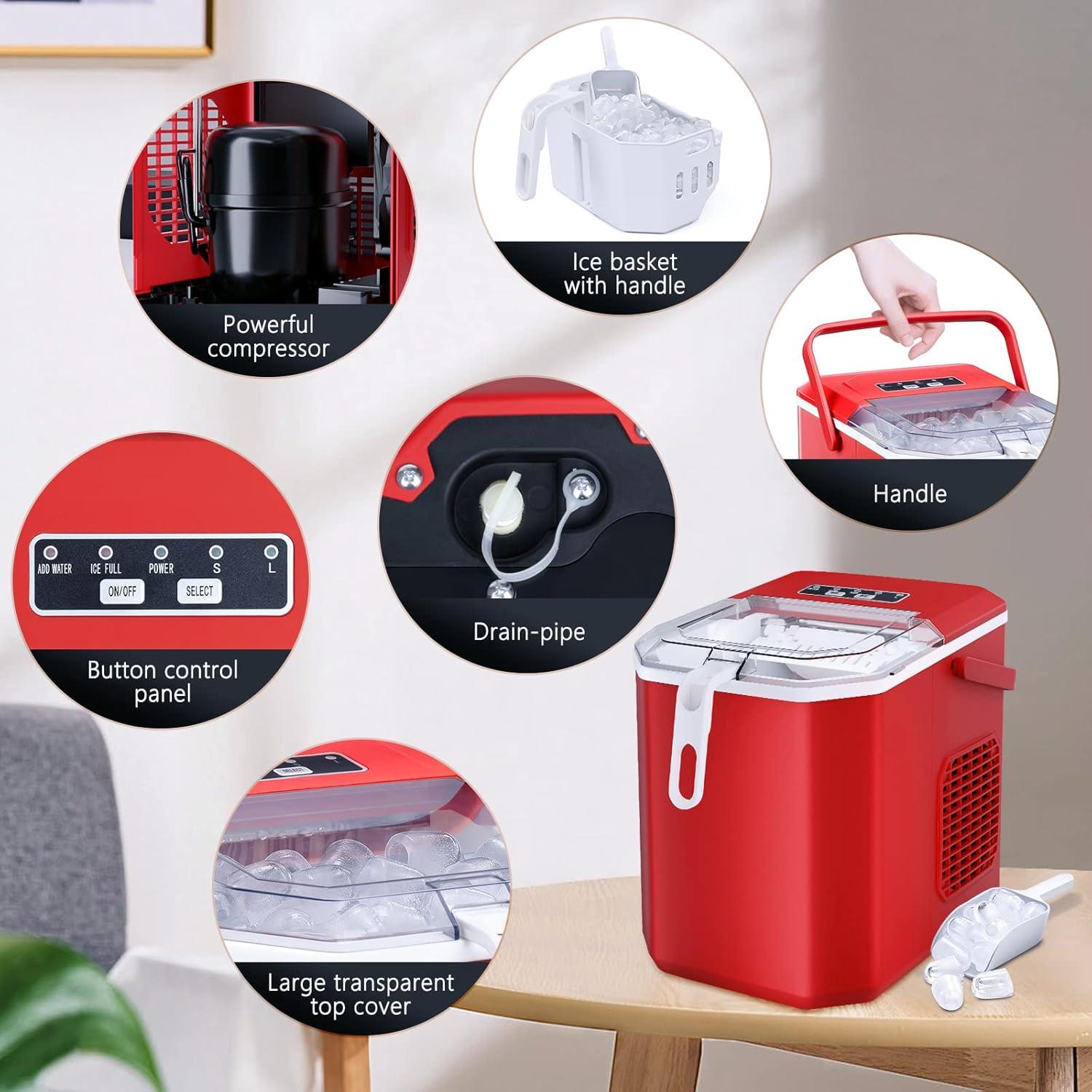 imageAntarctic Star Countertop Ice Maker26lbs24Hrs9 Bullet Ice Cubes Every 6 MinutesSLSelfCleaning countertop ice Makers with Basket and ScoopPerfect for Home Kitchen RV Camping WhiteRed