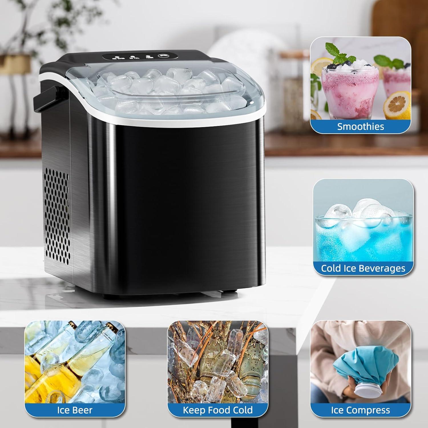 imageAntarctic Star Ice Maker Countertop Portable Ice Machine with Carry Handle 26Lbs 24H 9 Cubes Ready in 6 Mins SelfCleaning with Ice Scoop ampamp Basket for KitchenOfficePartyStainless Steel Black