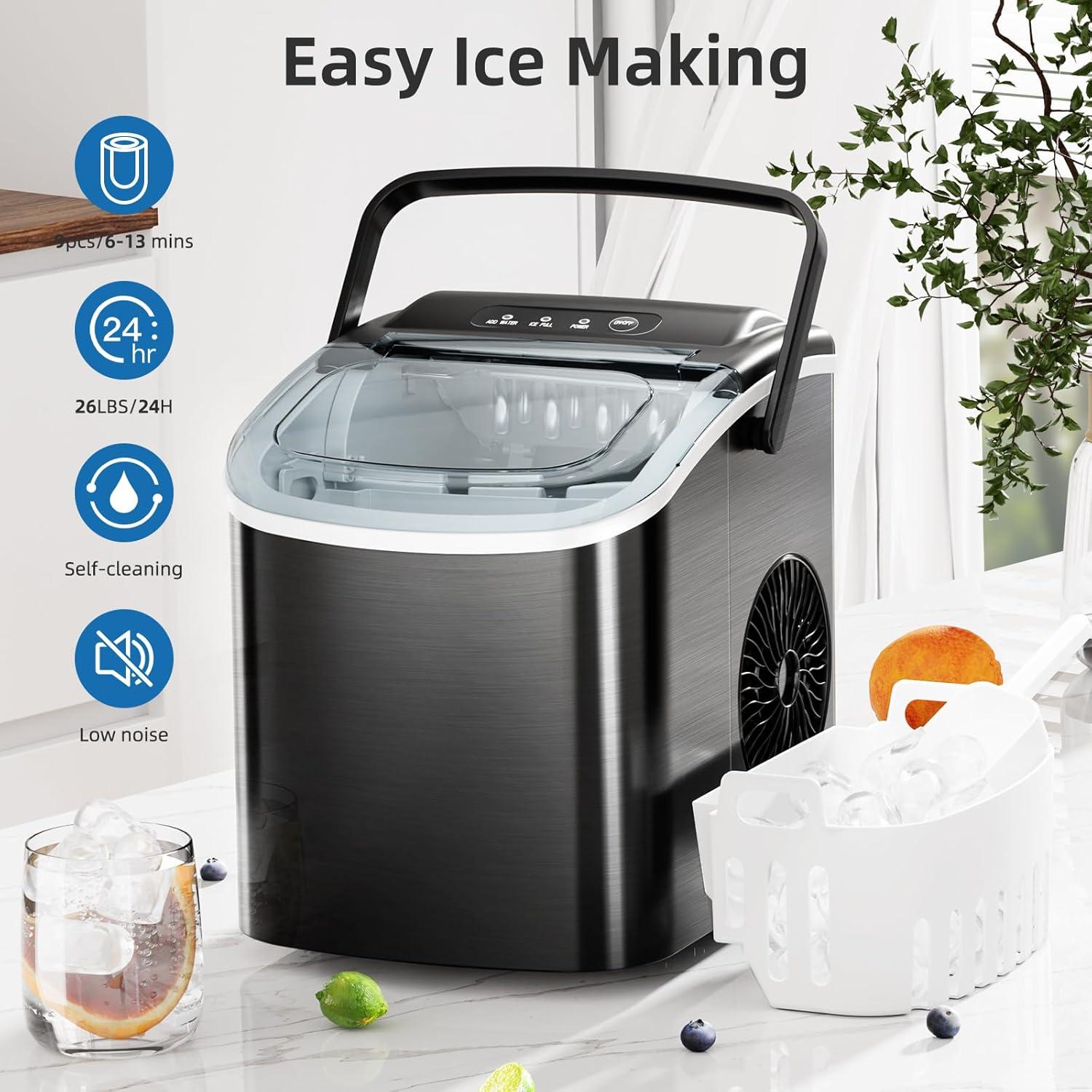 imageAntarctic Star Ice Maker Countertop Portable Ice Machine with Carry Handle 26Lbs 24H 9 Cubes Ready in 6 Mins SelfCleaning with Ice Scoop ampamp Basket for KitchenOfficePartyStainless Steel Black