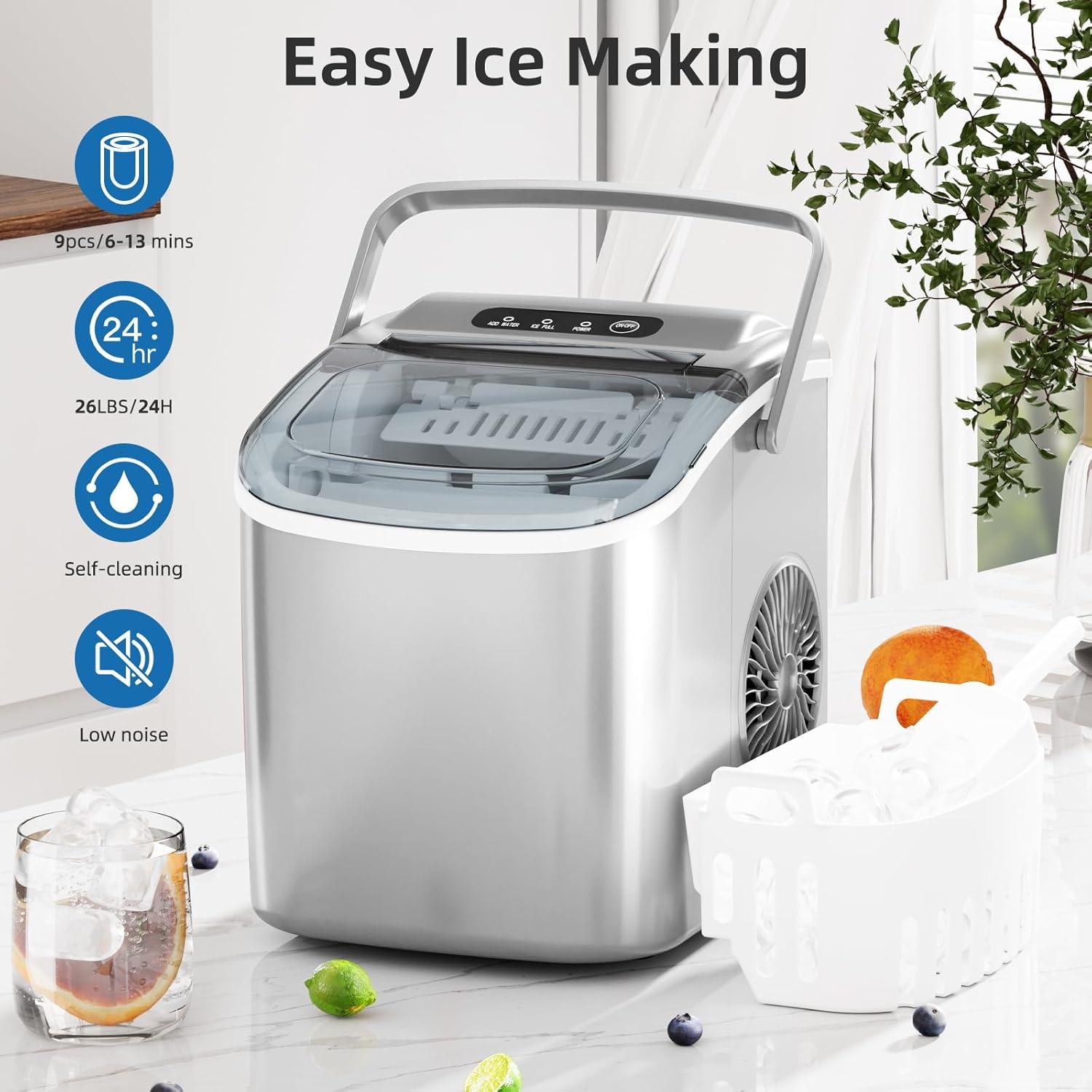 imageAntarctic Star Ice Maker Countertop Portable Ice Machine with Carry Handle 26Lbs Per Day 9 Cubes Ready in 6 Mins SelfCleaning Ice Makers with Ice Scoop and Basket for KitchenOfficeParty Grey
