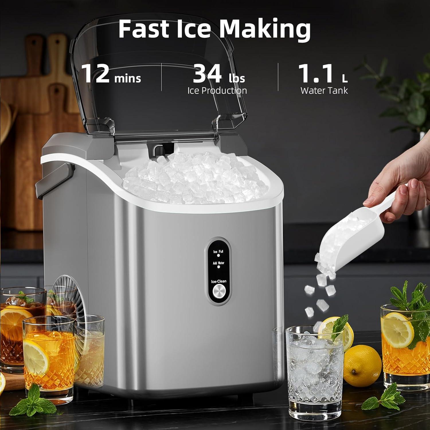 imageAntarctic Star Nugget Ice Maker Countertop with Soft Chewable Ice Portable Sonic Ice Maker with Basket and Scoop Removable Top Cover AutoCleaning for HomePartyRVCamping Stainless Steel SilverGrey