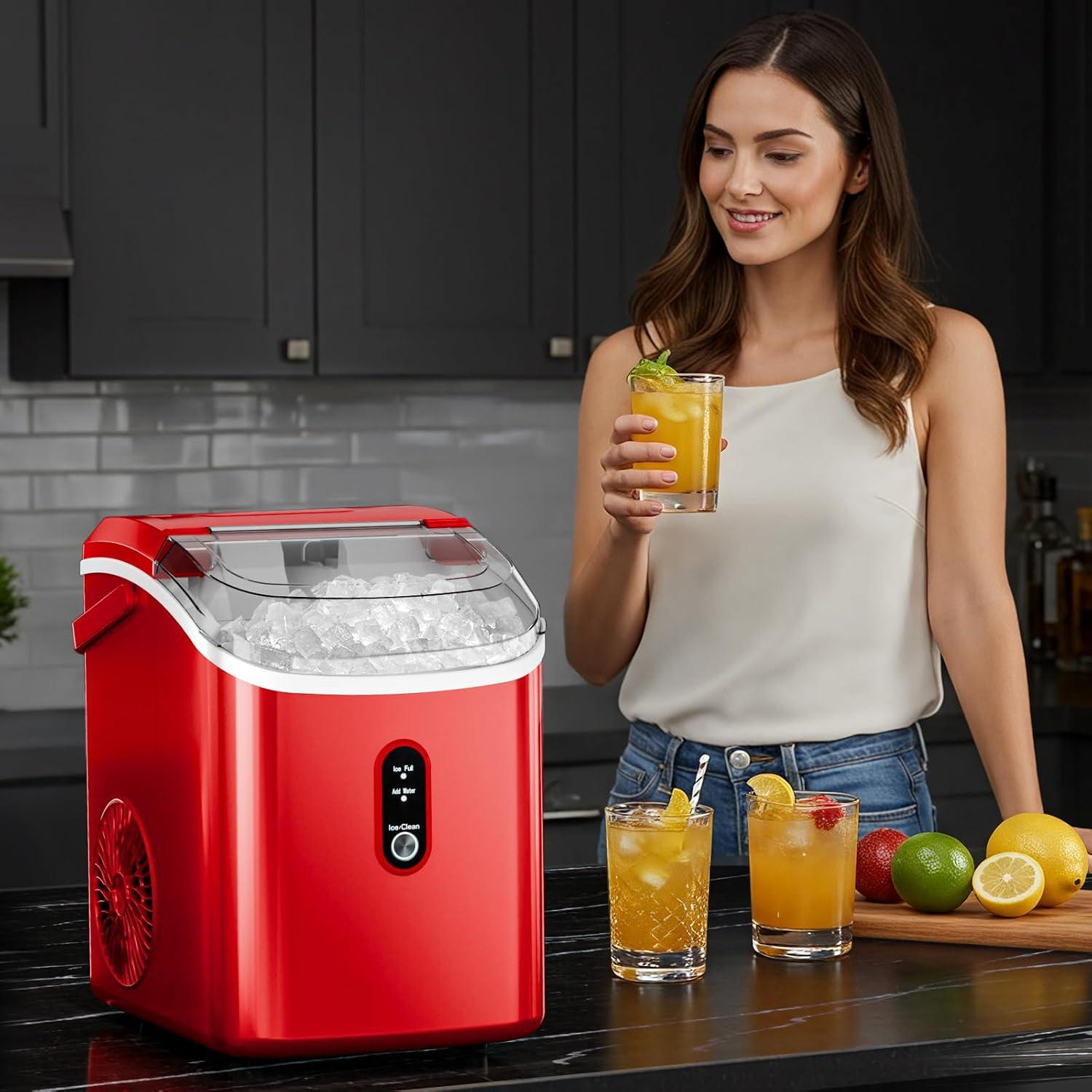 imageAntarctic Star Nugget Ice Maker Countertop with Soft Chewable Ice Portable Sonic Ice Maker with Basket and Scoop Removable Top Cover AutoCleaning for HomePartyRVCamping Stainless Steel SilverRed