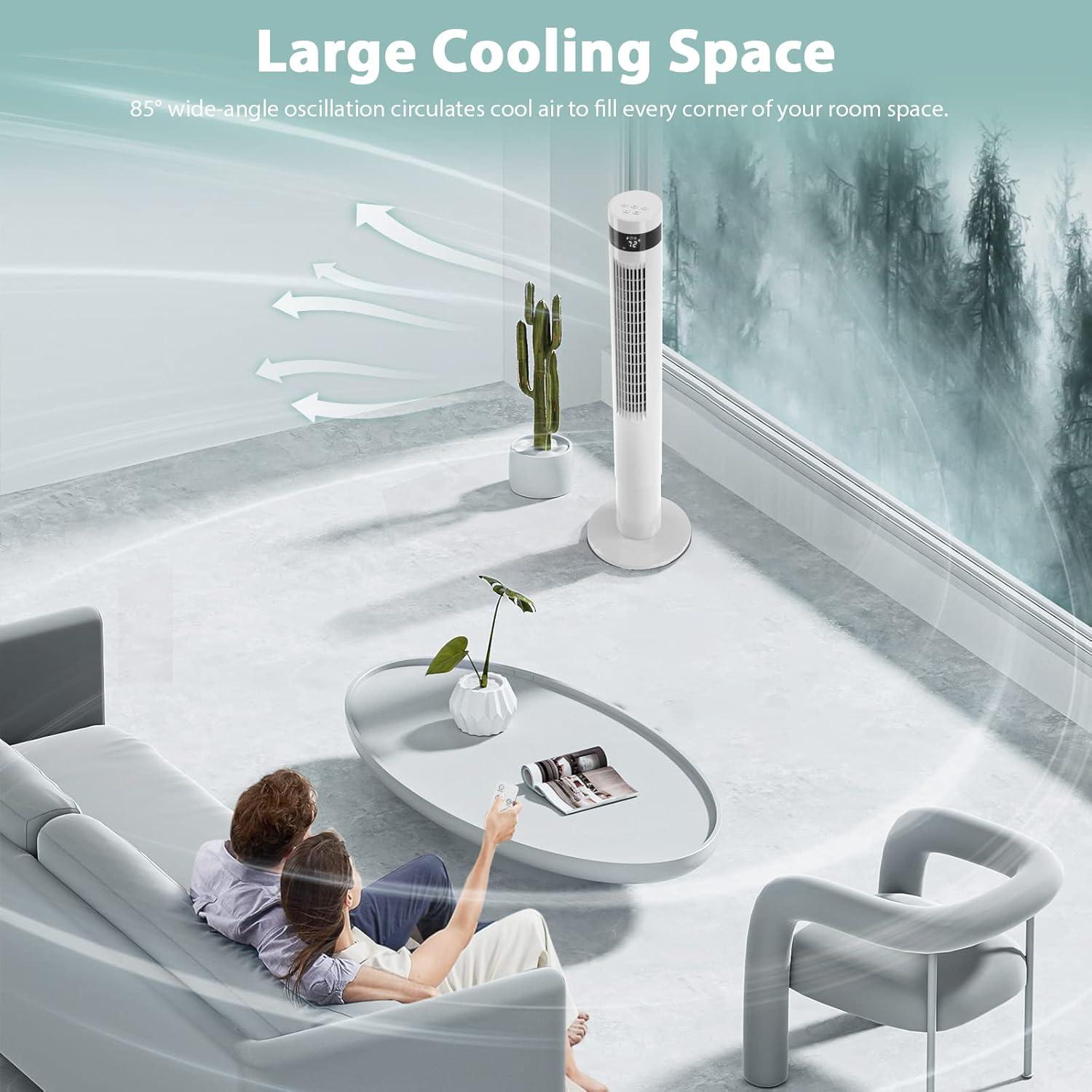imageAntarctic Star Tower Fan Portable Electric Oscillating Fan Quiet Cooling Remote Control Standing Bladeless Floor Fans 3 Speeds Wind Modes Timer Bedroom Office 43 inch WhiteWhite