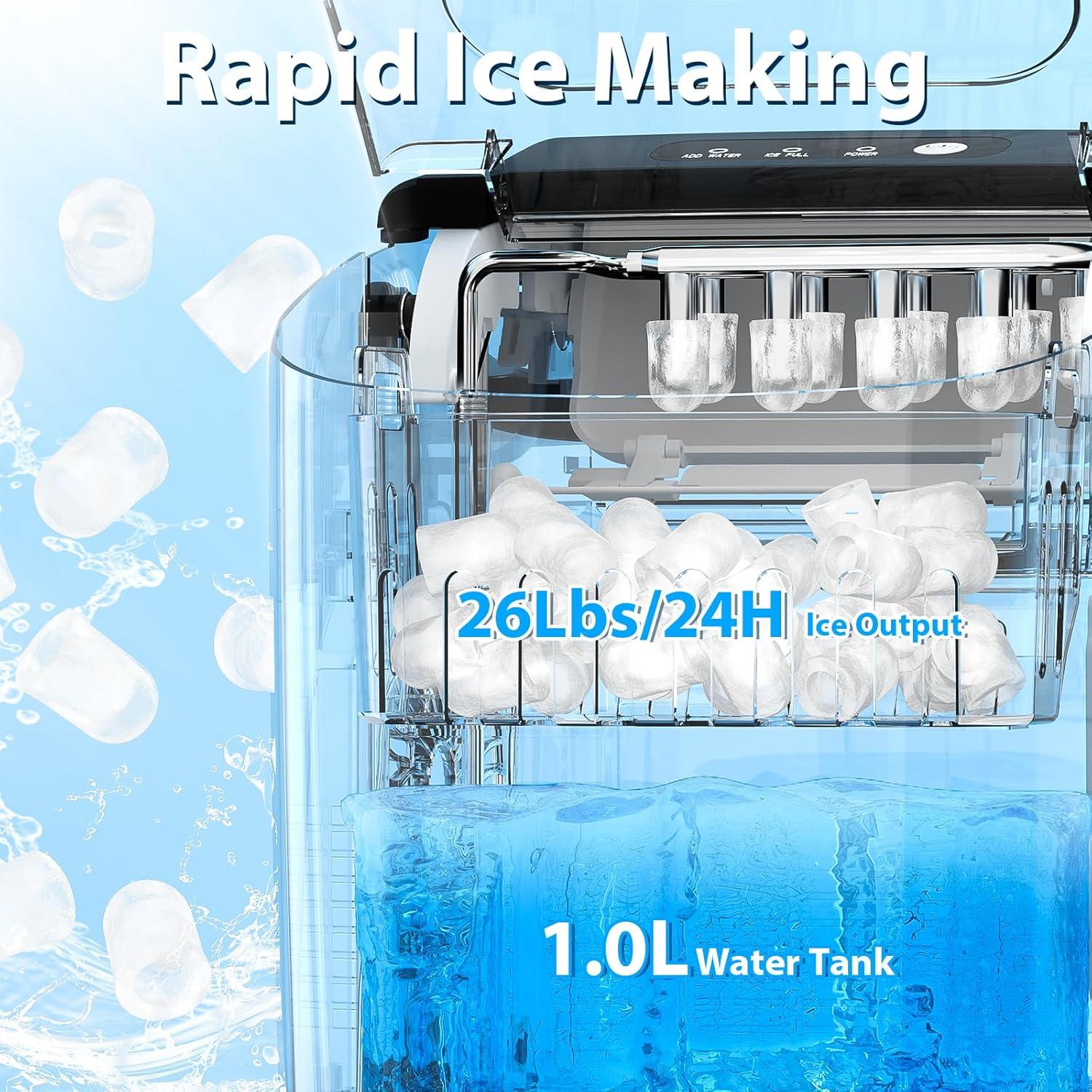 imageCountertop Ice Maker Antarctic Star Portable Ice Machine with HandleSelfCleaning Ice Makers 26Lbs24H 9 Ice Cubes6 Mins for Home Kitchen Bar Party Stainless Steel Black