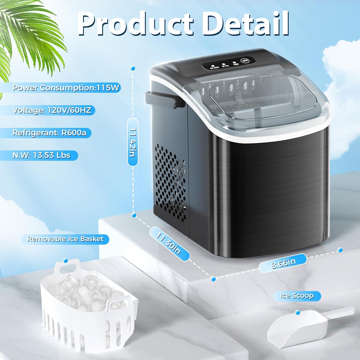 imageCountertop Ice Maker Antarctic Star Portable Ice Machine with HandleSelfCleaning Ice Makers 26Lbs24H 9 Ice Cubes6 Mins for Home Kitchen Bar Party Stainless Steel Black