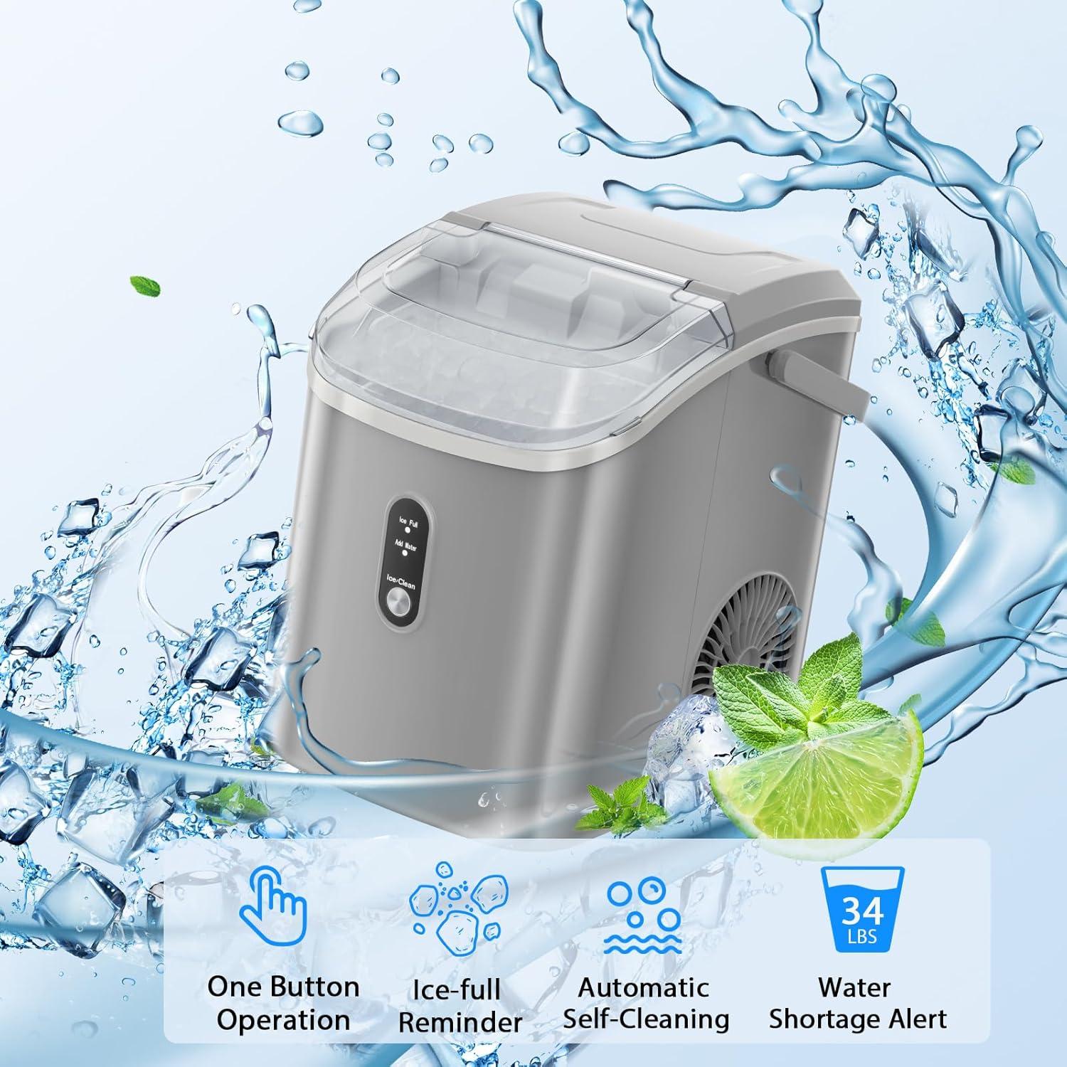 imageNugget Countertop Ice Maker with Chewable Pellet Ice Portable Ice Machine Pebble Ice with SelfCleaning 34Lbs24H One Button Operation for Kitchen Home Grey