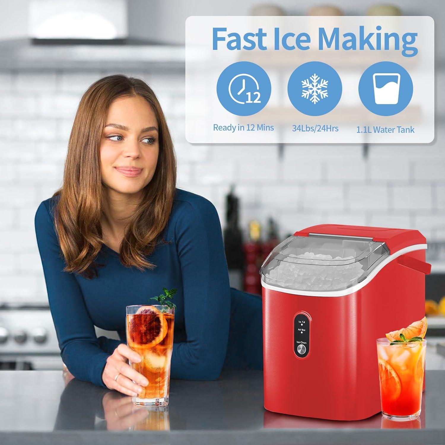 imageNugget Countertop Ice Maker with Chewable Pellet Ice Portable Ice Machine Pebble Ice with SelfCleaning 34Lbs24H One Button Operation for Kitchen Home Red