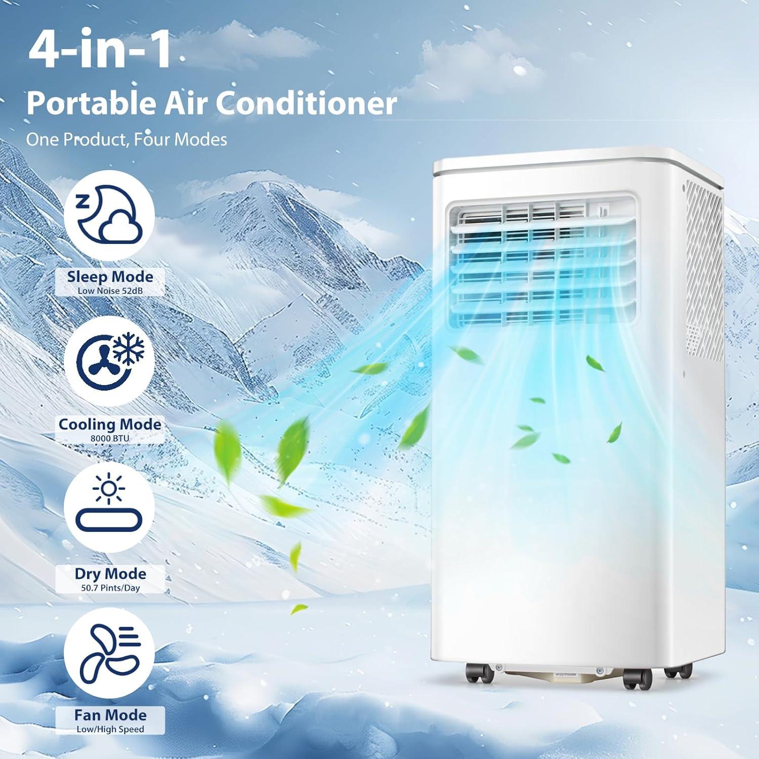 imagePortable Air Conditioners 8000 BTU with Remote Control 4 in 1 Free Standing Cooling AC with Fan ampamp Dehumidifier ampamp Cools 24H Timer Sleep Mode Windows Sealing Kit for Room8000 BTU
