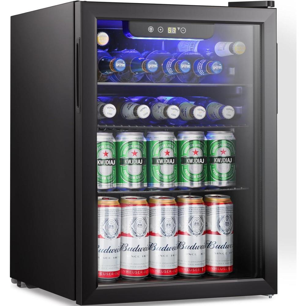 imageAntarctic Star 26cuft Mini Fridge 100 Can Beverage Refrigerator Wine CoolerCabinet Small Beer Soda Glass Door Counter Top Bar Fridge Freestanding Black