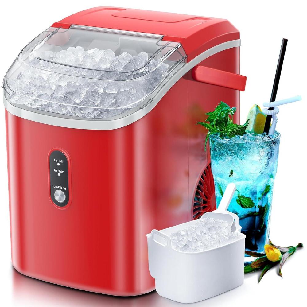 imageNugget Countertop Ice Maker with Soft Chewable Ice 34LBS24HPebble Portable Machine Scoop SelfCleaning OneClick OperationSonic Ice for KitchenOfficeBar GrayRed
