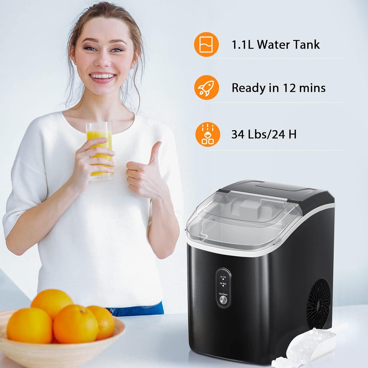 imageNugget Countertop Ice Maker with Soft Chewable Ice Automatic 34lbs in 24 HoursPebble Portable Ice Machine with Ice Scoop SelfCleaning OneClick Operation for KitchenOffice Black