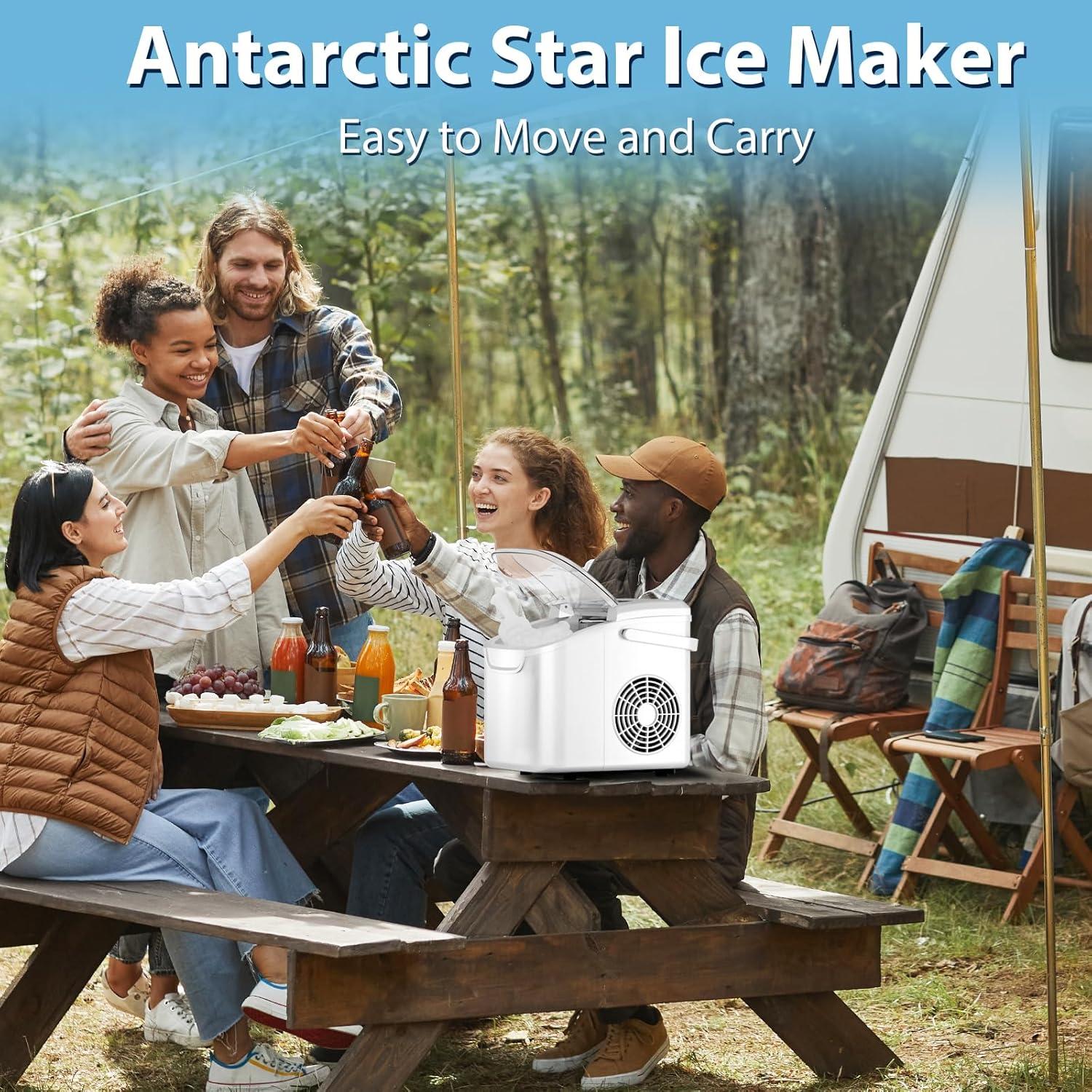 imageCountertop Ice Maker with Handle Selectable SL Ice Size 26lbs24Hrs 8 Ice Cubes in 6 Mins AutoCleaning Portable with Ice Basket ampamp Scoop for HomeKitchenCampingRV White