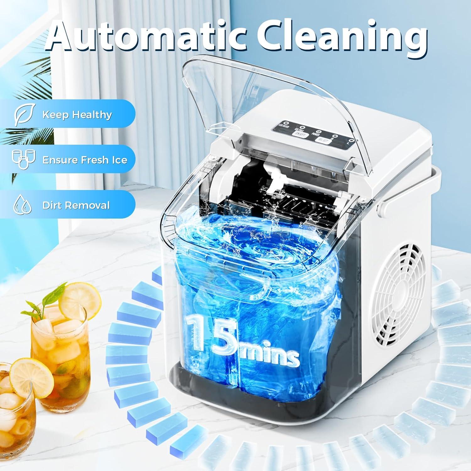 imageCountertop Ice Maker with Handle Selectable SL Ice Size 26lbs24Hrs 8 Ice Cubes in 6 Mins AutoCleaning Portable with Ice Basket ampamp Scoop for HomeKitchenCampingRV White