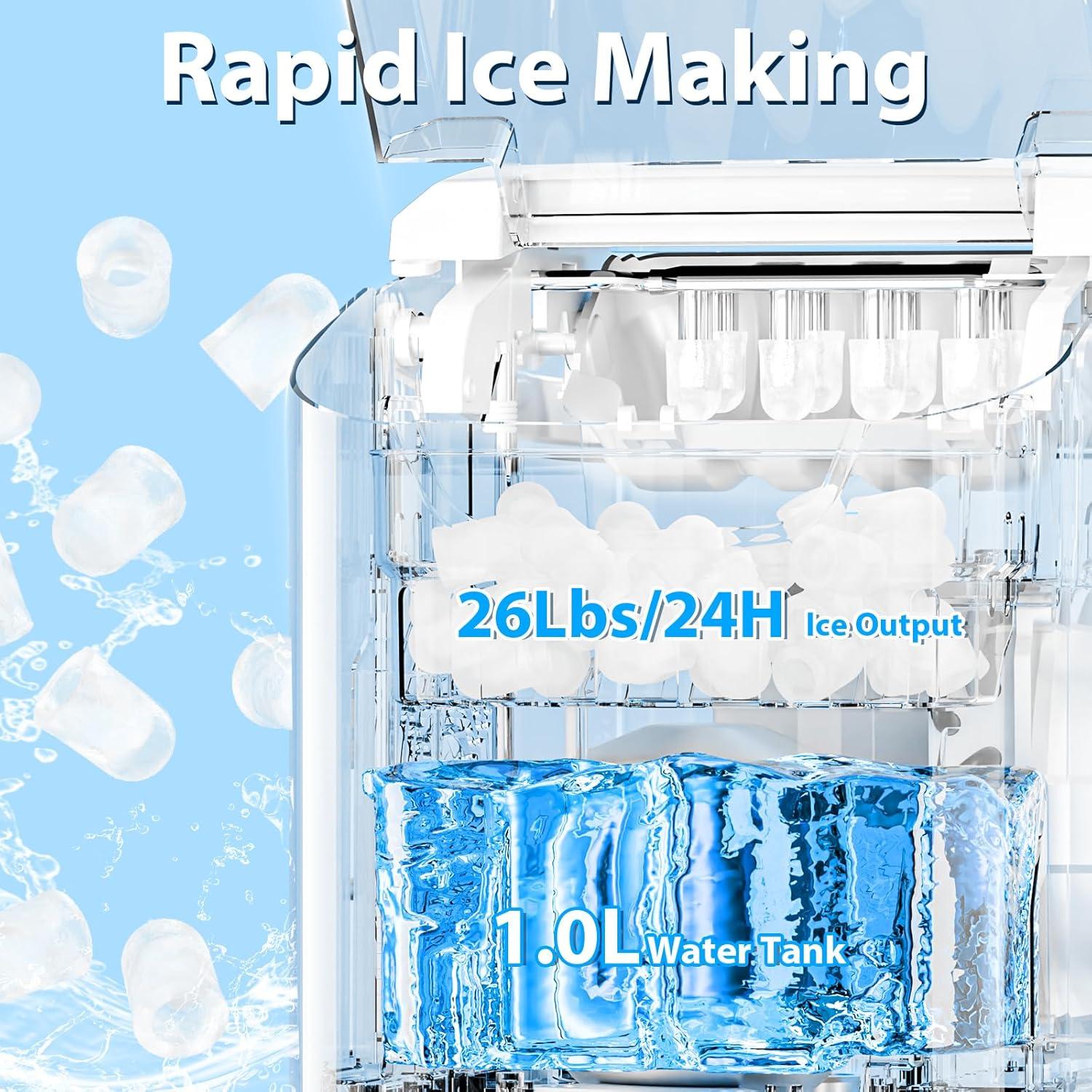 imageCountertop Ice Maker with Handle Selectable SL Ice Size 26lbs24Hrs 8 Ice Cubes in 6 Mins AutoCleaning Portable with Ice Basket ampamp Scoop for HomeKitchenCampingRV White