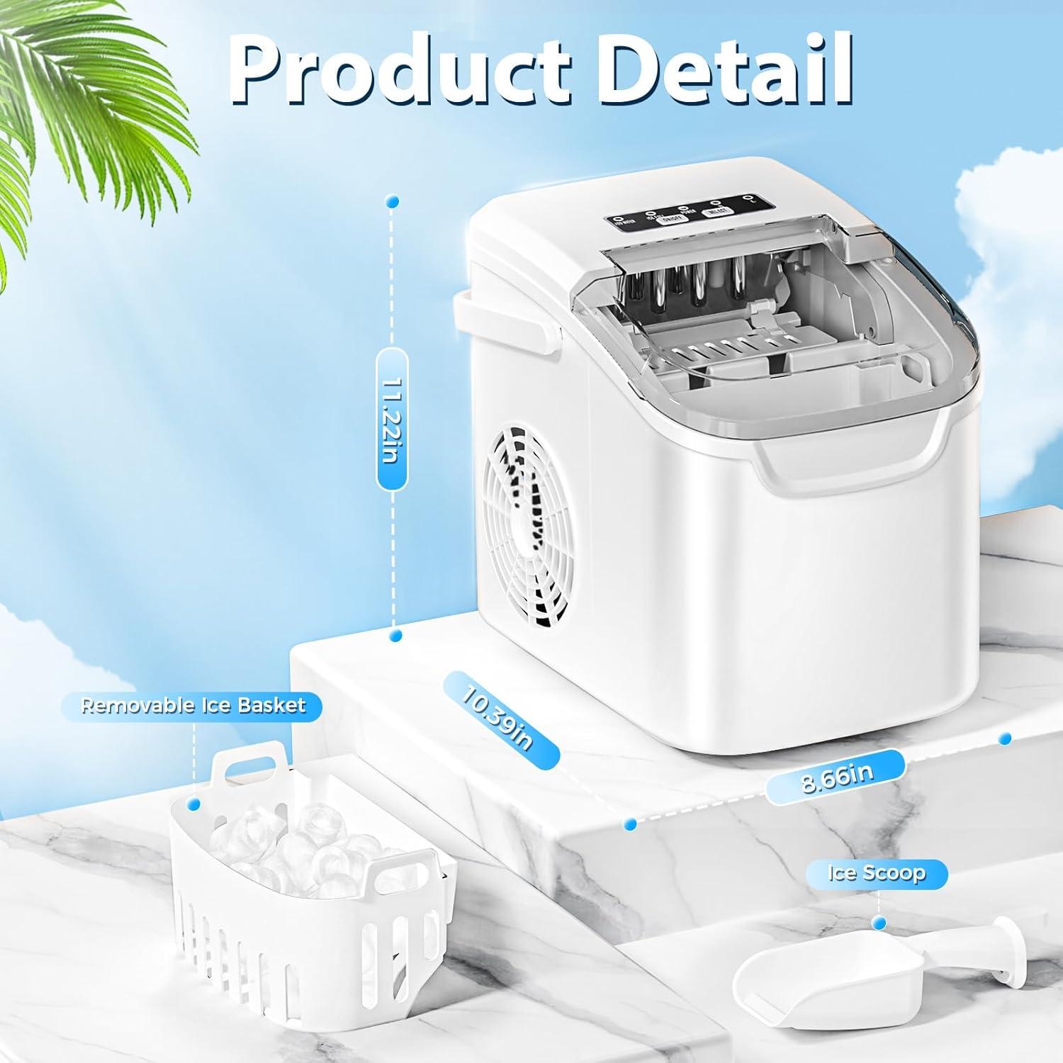 imageCountertop Ice Maker with Handle Selectable SL Ice Size 26lbs24Hrs 8 Ice Cubes in 6 Mins AutoCleaning Portable with Ice Basket ampamp Scoop for HomeKitchenCampingRV White