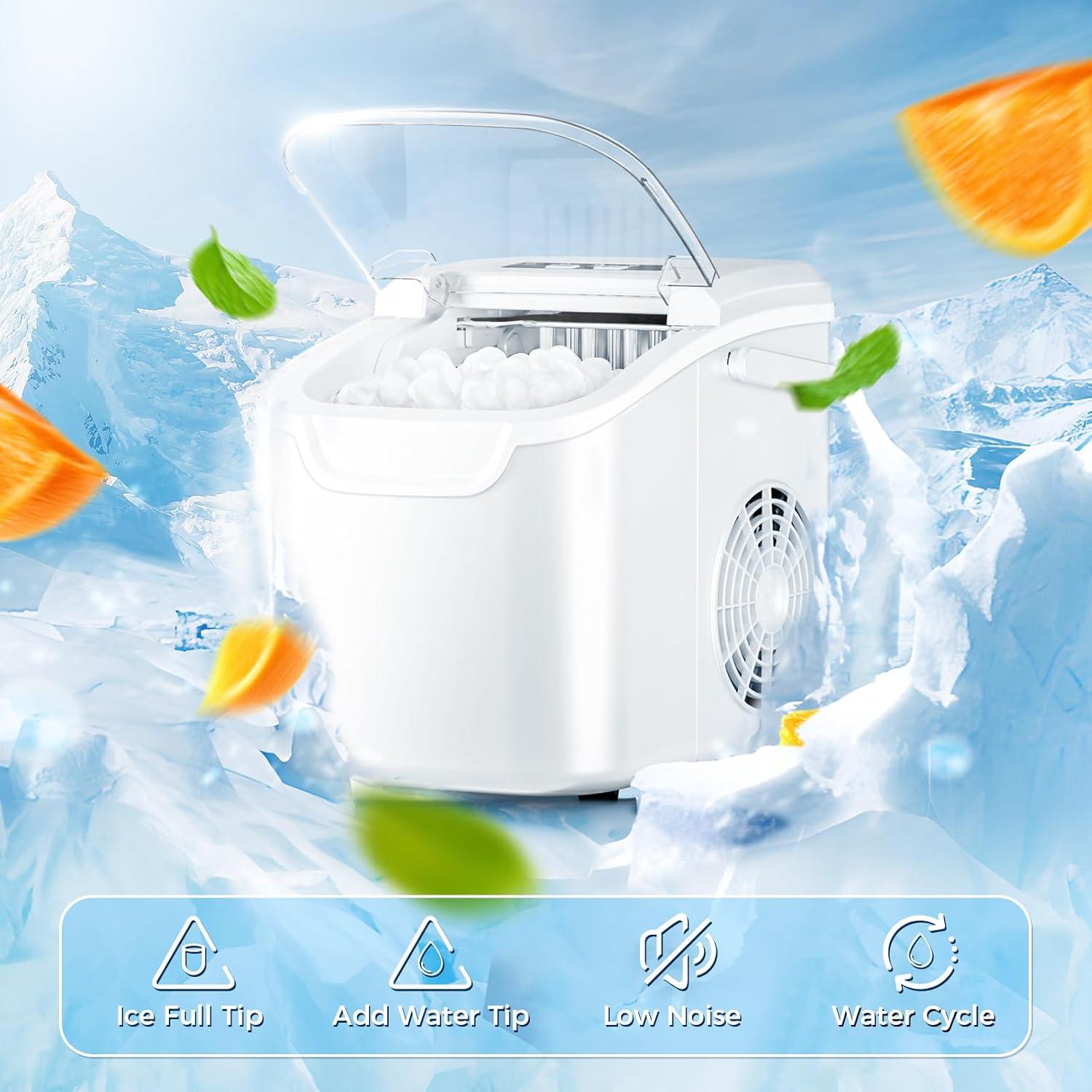 imageCountertop Ice Maker with Handle Selectable SL Ice Size 26lbs24Hrs 8 Ice Cubes in 6 Mins AutoCleaning Portable with Ice Basket ampamp Scoop for HomeKitchenCampingRV White