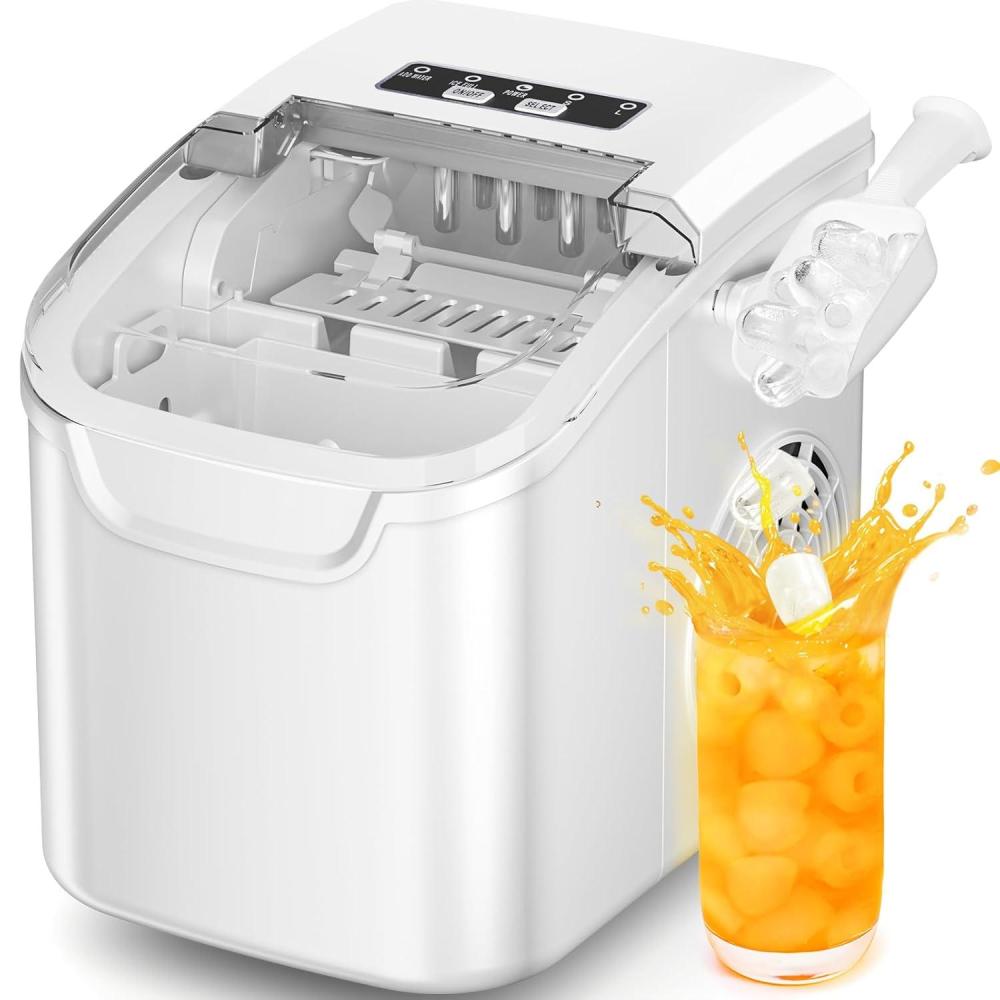 imageCountertop Ice Maker with Handle Selectable SL Ice Size 26lbs24Hrs 8 Ice Cubes in 6 Mins AutoCleaning Portable with Ice Basket ampamp Scoop for HomeKitchenCampingRV White